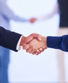 Handshake, partnership and business people with deal, collaboration or agreement. Shaking hands, cooperation and employees with opportunity, acquisition or b2b negotiation, congratulations and mockup