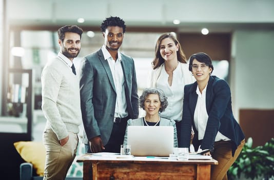 Smile, diversity or portrait of business people in meeting for team strategy or planning a startup company. CEO, laptop or happy workers smiling with leadership or group support for growth in office