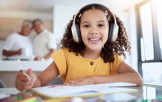 Girl portrait, homework and music for drawing, art and homeschool creative notebook, fun and education in family home. Happy child, studying and learning with headphones for audio listening at table
