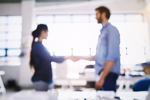 Team hand shake, office collaboration or people at investment deal, b2b contract negotiation or acquisition agreement. Human resources blur, hiring welcome or onboarding job interview with HR manager