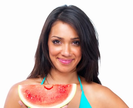 Happy woman, face and portrait with watermelon for healthy nutrition against a white studio background. Isolated young female person or model smiling with juicy fruit for food, diet or weight loss