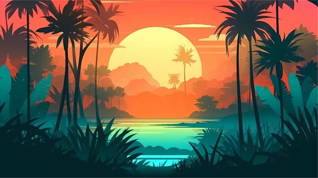 Tropical beach with palm trees, sunrise and sunset sky. Romantic background. 
