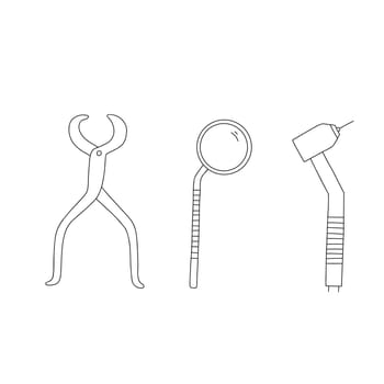 Dentist tool outline doodle icon. Dental care equipment signs line set