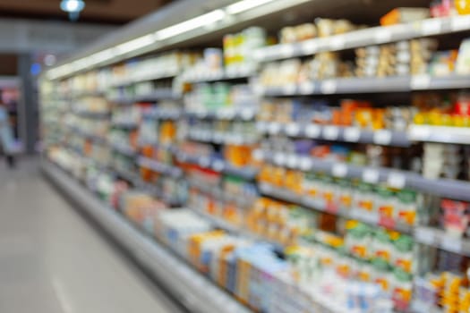 Abstract blurred supermarket shelves with products for background