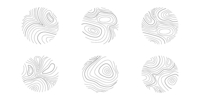 Topographic or wooden texture in round shapes. Hand drawn relief contour. Graphic terrain surface stamps isolated on white background. Vector outline illustration.