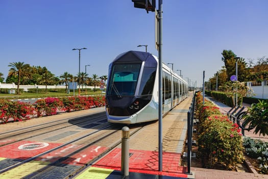 Metro railway train in Dubai city in UAE, close up