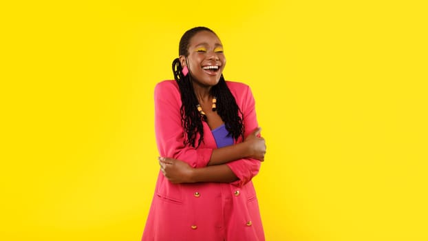 Black Lady Hugging Herself Accepting Style And Beauty, Yellow Background