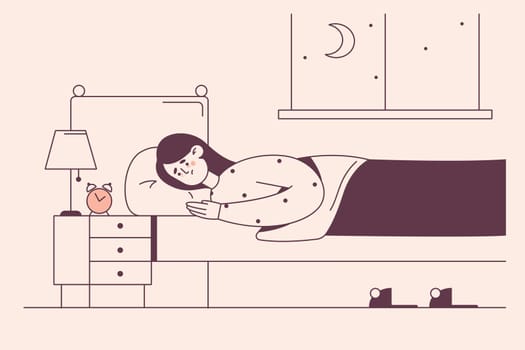 Sleep disorder, insomnia concept. Young tired sad sleepless woman lying in bed with smartphone and suffering from insomnia trying to fall asleep at night vector illustration