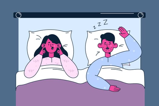 Snore, insomnia, bad sleep concept. Annoyed stressed young woman cartoon character suffering from insomnia because of snoring man in bed and covering ears with pillow vector illustration, top view