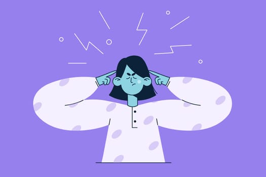 Emotional stress, rage, tiredness concept. Emotional angry young woman cartoon character standing covering ears with hands feeling furious aggressive displeased vector illustration