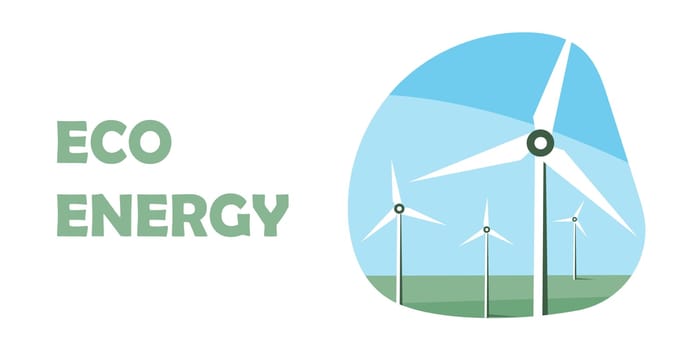 Eco energy concept poster. Wind power plant. Wind turbines. Renewable energy vector design. Green energy industrial concept.