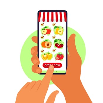 Online food order. Grocery delivery. Hand holding smartphone with product catalog on the web browser page. Stay at home concept. Quarantine or self-isolation. Flat style.