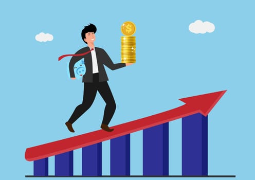 Increase revenue, income or investment profit, growing income or wealth, growth chart diagram or savings and investment return concept, businessman carry money coin stack walk up growth graph diagram.