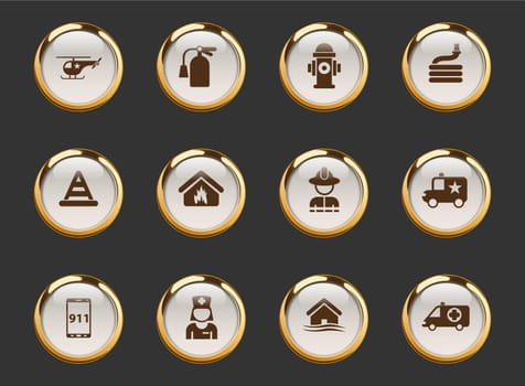 emergency gold-rimmed vector icons on dark background. emergency icons in gold frame for web, mobile and ui design