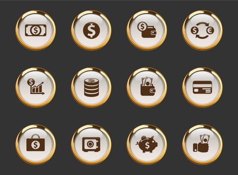 finance gold-rimmed vector icons on dark background. finance icons in gold frame for web, mobile and ui design
