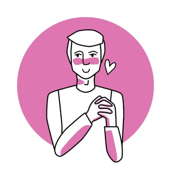 Shy man with emotion of love, facial expression with gestures. Beloved male, expressing his amour feelings. Pink vector circle icon.