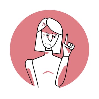 Adult woman with angry emotion, facial expression with hands. Annoyed female, expressing her negative feelings with gestures. Red vector circle icon.