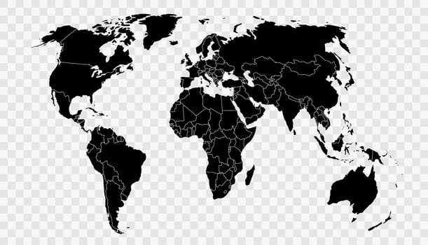 Political world map on transparent background, black color earth continents silhouette.