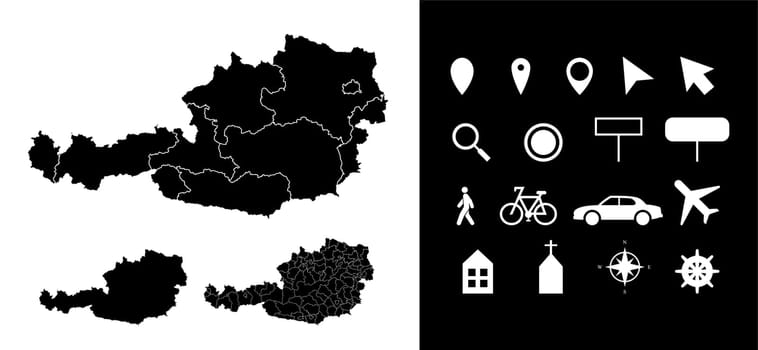 Map of Austria administrative regions departments, icons.  Pointer, arrow,  man, bicycle, car, airplane.