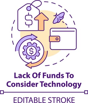 Lack of funds to consider technology concept icon. Corporate treasurers challenge abstract idea thin line illustration. Isolated outline drawing. Editable stroke. Arial, Myriad Pro-Bold fonts used