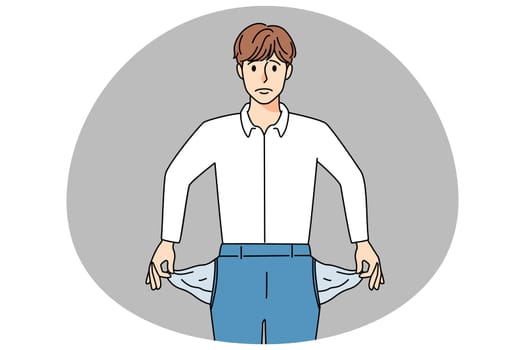 Unhappy businessman show empty pockets struggle with bankruptcy. Upset stressed man with no money need bank credit or loan. Bankrupt, financial problems. Vector illustration.
