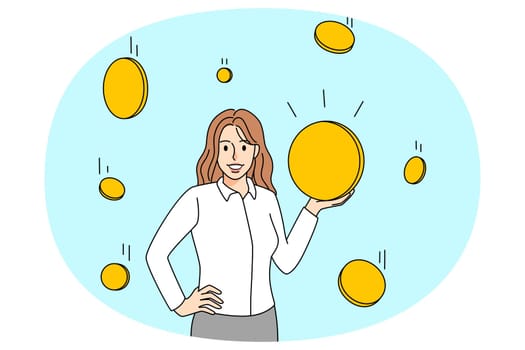 Successful woman holding coins show work success