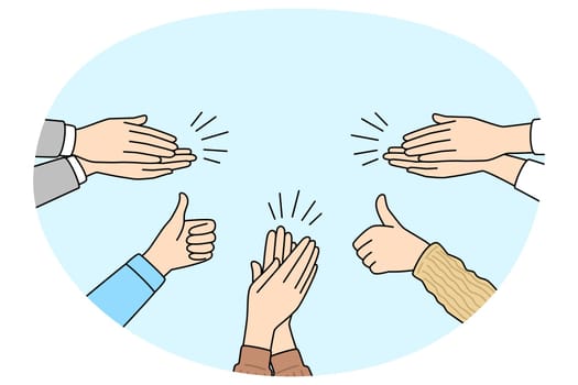 Closeup of diverse people hands applaud congratulate with success or promotion. Employees clap hands show thumbs up greeting with successful work. Ovation and celebration. Vector illustration.