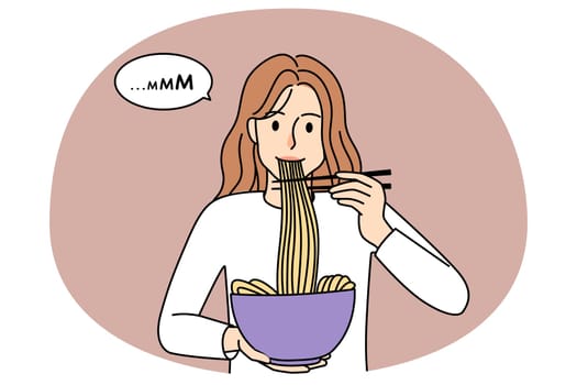 Smiling woman eat noodles with chopsticks