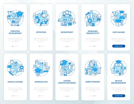 Tuition assistance blue onboarding mobile app screen set