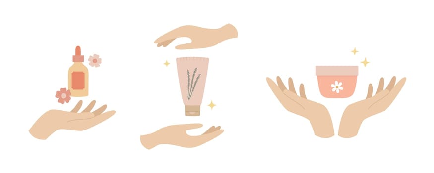 Woman hands and natural organic cosmetic products. Face cream, serum bottle, hand cream. Isolated vector illustration