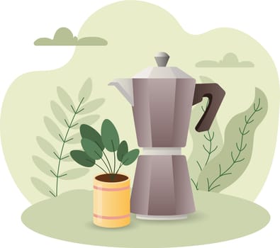 Moka Pot illustration. Coffeemaker, pot, houseflower, handle, steel. Editable vector graphic design.