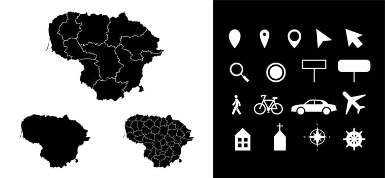 Map of Lithuania administrative regions departments, icons. Map location pin, arrow, man, bicycle, car, airplane.