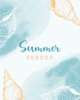 Summer Season vertical banner card with seashell hand drawn on watercolor background.