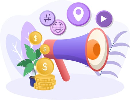 Advertising submission illustration. Loudspeaker, coin, geo location, play. Editable vector graphic design.
