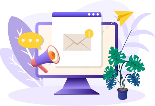 E-mail marketing illustration. Monitor, loudspeaker, envelope, plant, page. Vector graphics.
