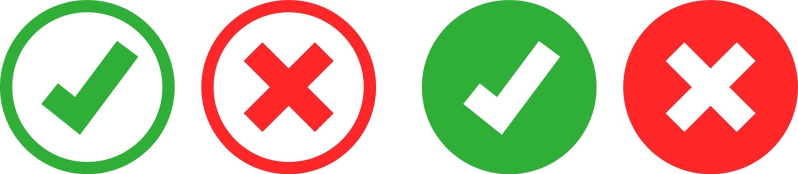 Set green approval check mark and red cross icons in circle and square, checklist signs