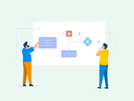 Workflow automation with flowchart for business management. Agile development team, project management process and productivity block scheme software. Team working on flowchart vector illustration