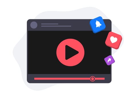 Video marketing illustration features press bell, like and share icons. It showcases how video content can be monetized with social network communication and digital advertising.