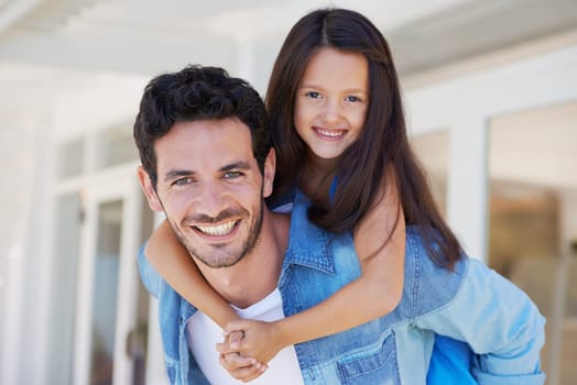 Hug, piggyback and portrait of happy kid, father or family smile for home fun, happiness and enjoy time together. Youth girl, daughter and child bonding, ride and playing with dad on house patio