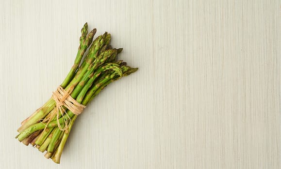 Delicate, but loaded with nutrients. a bunch of green asparagus tied up with string against a light background.