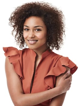 African woman, business fashion and portrait with natural hair and beauty in a studio. Isolated, white background and young female person with a smile and happiness looking proud with work dress
