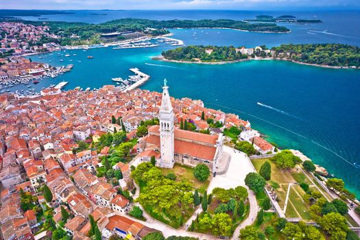 Town of Rovinj historic peninsula and archipelago aerial view