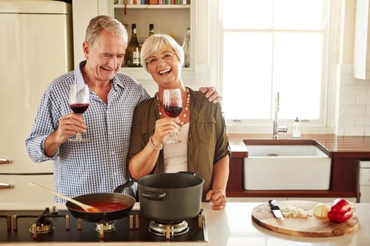 Portrait, wine or happy old couple cooking food for a healthy vegan diet together with love in retirement at home. Senior woman drinking or bonding in house kitchen with mature husband at dinner