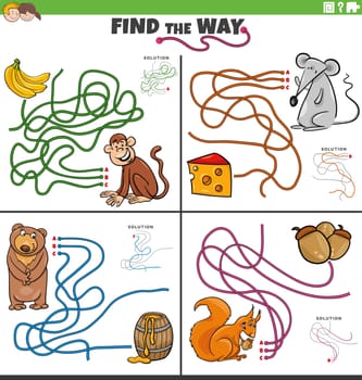 find the way maze game with cartoon animal characters