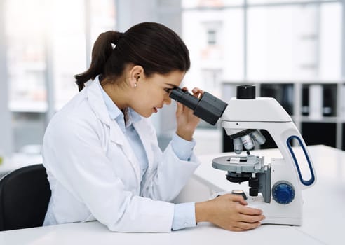 Scientist, research and woman with microscope in laboratory for medical study. Professional, science and female doctor with scope equipment for sample analysis, particle test and lab experiment.