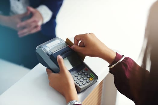 Credit card payment, swipe or hands of person in mall with pos machine in a financial exchange. B2c fintech, sales services or closeup of customer paying, swiping or shopping in retail store trade