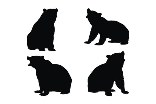Carnivore bear standing and sitting, black and white silhouette vector bundle. Bear silhouette vector collection on a white background. Beautiful big bear roaring on the wildlife silhouette set design.