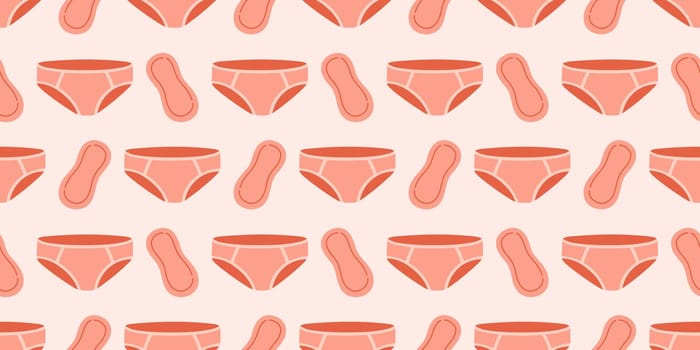 Menstrual periods seamless pattern tampon, pads, menstrual cup. Female regular menstrual cycle concept.
