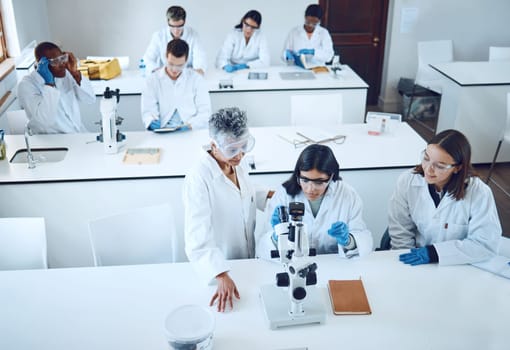 Science, university students and microscope in scientist lab for learning from mentor for medical education or medicine research in class. Pharmacist and chemistry test for women group for analysis