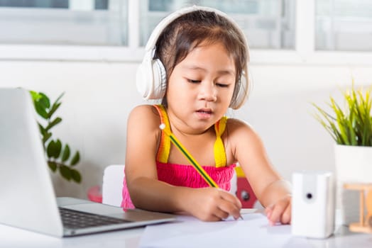 Asian child girl studying video conference distant education at home
